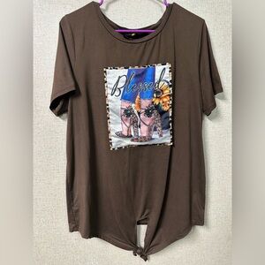 Brown 'Blessed' Front Patch Tie-Hem Short Sleeve Tee
